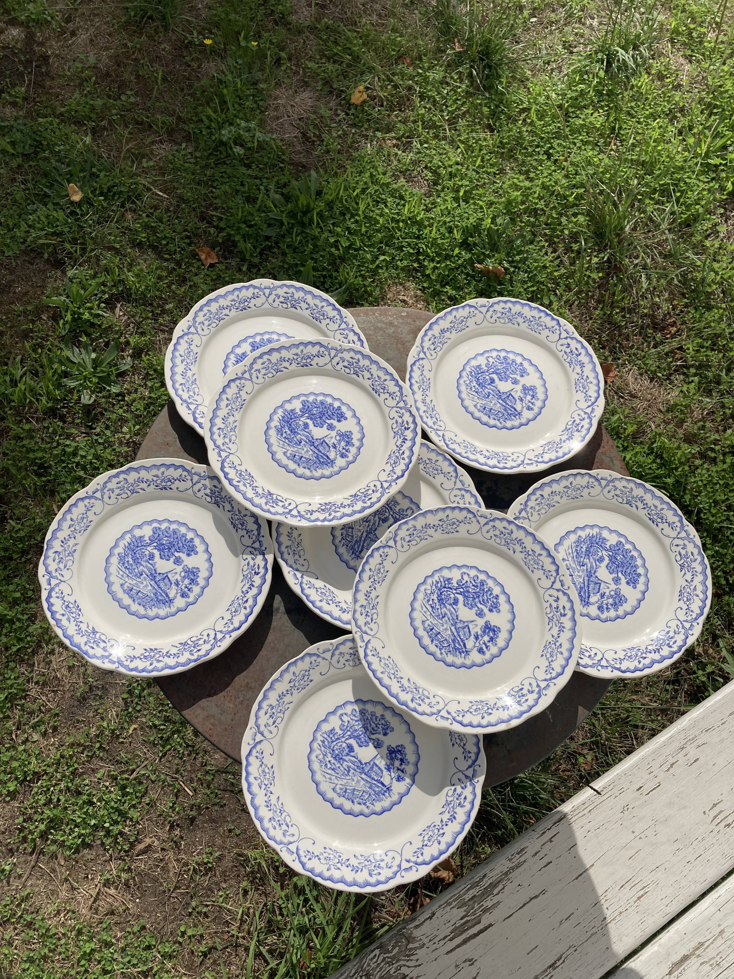 8 flat plates Digoin Sarreguemines blue and white vintage with countryside village décor