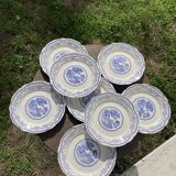 8 flat plates Digoin Sarreguemines blue and white vintage with countryside village décor