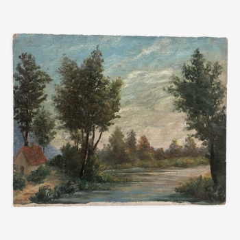 Peinture à l’huile de paysage de ferme du milieu du 20ème siècle Français à bord