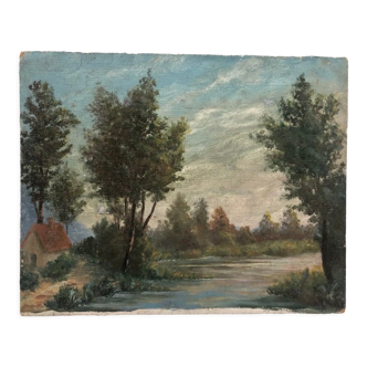 Peinture à l’huile de paysage de ferme du milieu du 20ème siècle Français à bord