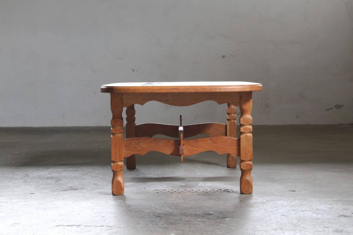 Vintage Danish brutalist oak & tile coffee table in the style of Henning Kjærnulf, 1960s