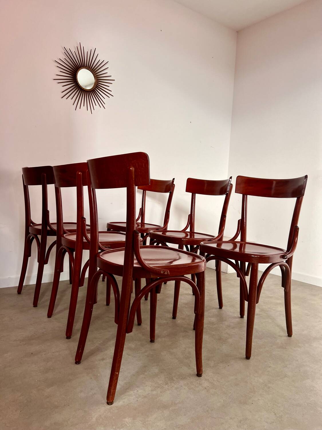 Set of 6 vintage 70s curved varnished wood bistro chairs