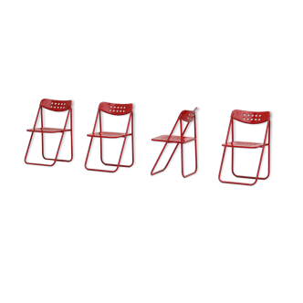 4 chaises pliantes en métal rouge des années 1980