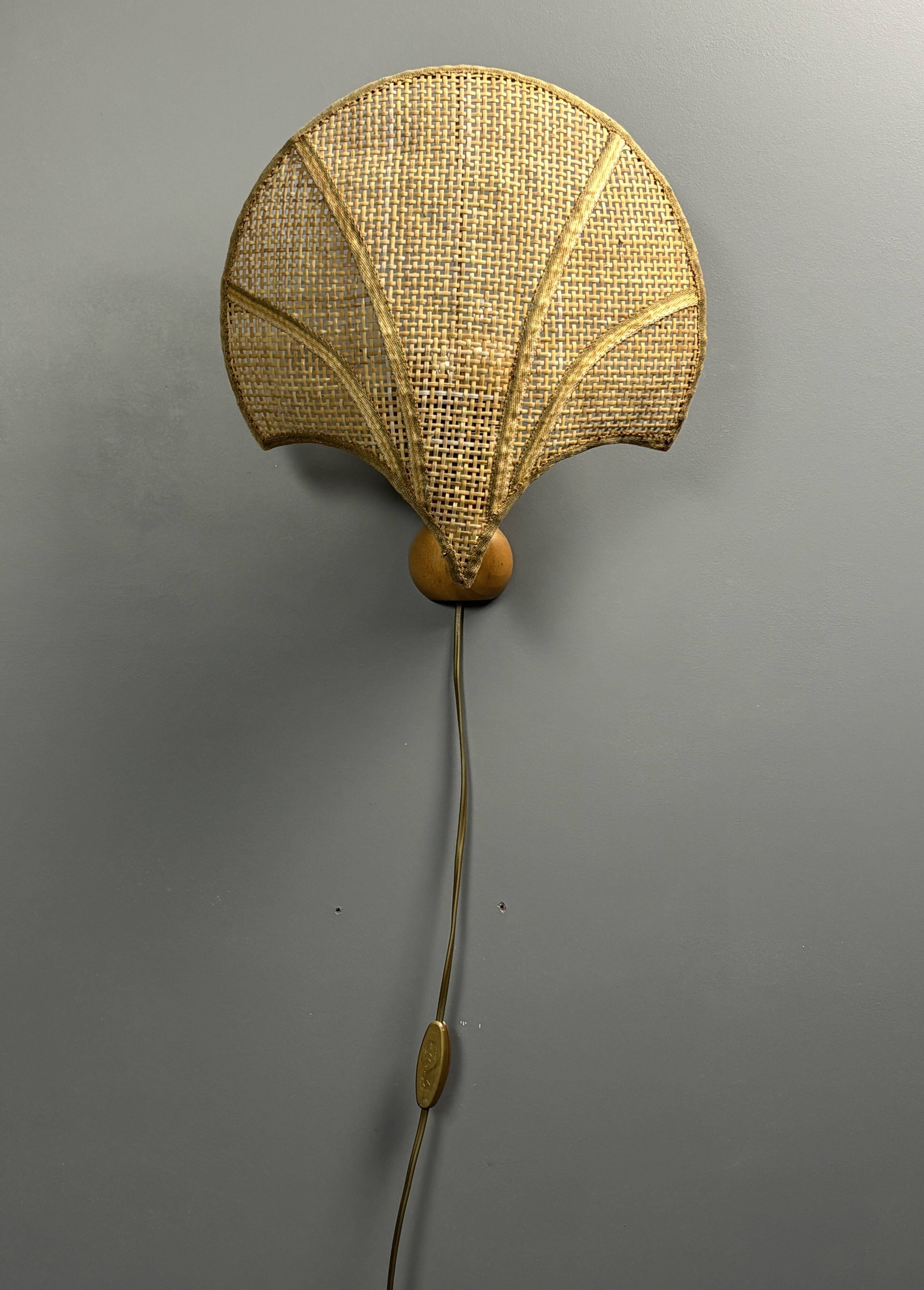 Pair midcentury Italian rattan wicker pine brass scallop wall sconces 1970s