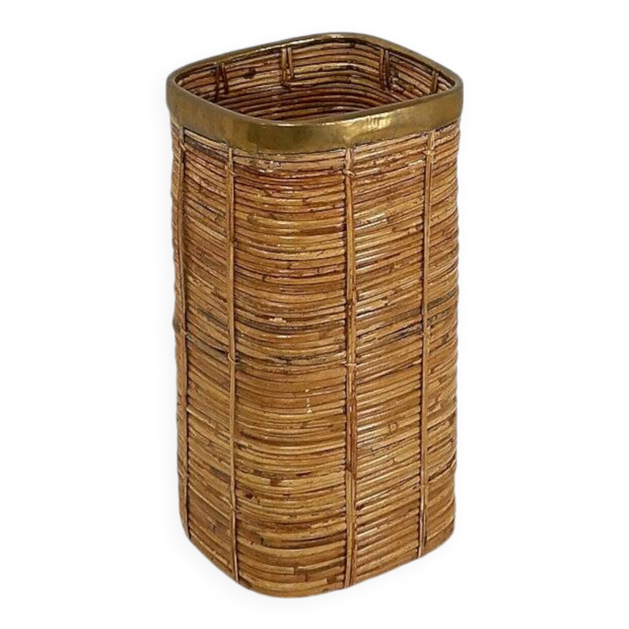 1970's Rattan and Brass Umbrella Stand