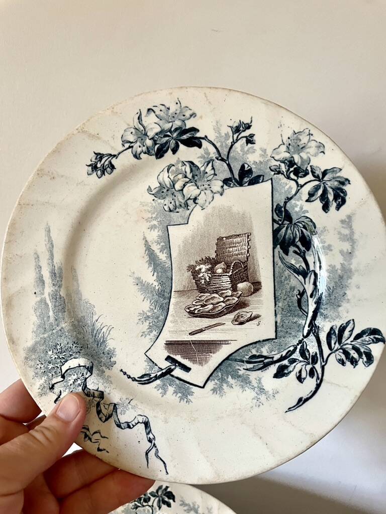 Set of 12 plates Terre de Fer, model Cartels, Creil & Montereau, 1900