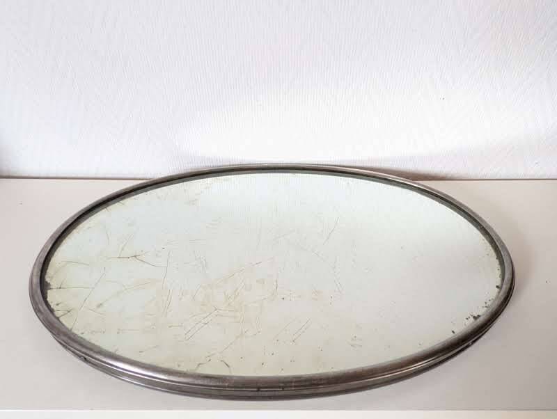 Antique oval mirror tray with metal frame