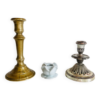 Trio of porcelain and vintage brass candle holders