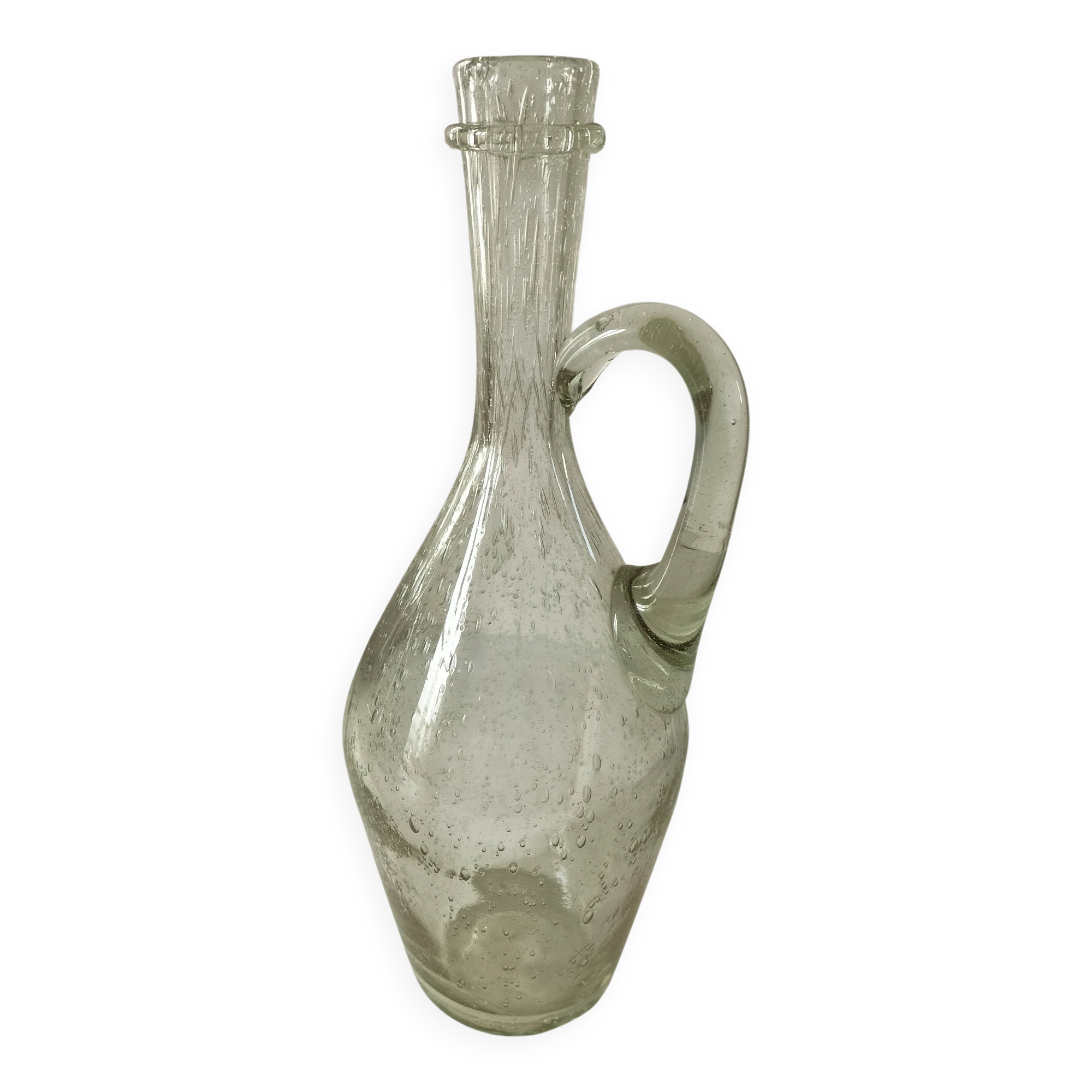 Bubble glass carafe bottle signed Biot in lime green colour.