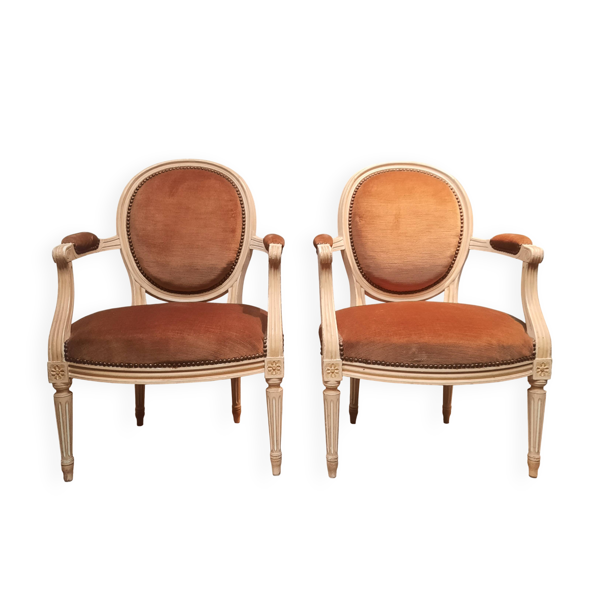 Pair of Louis XV style gray lacquered armchairs