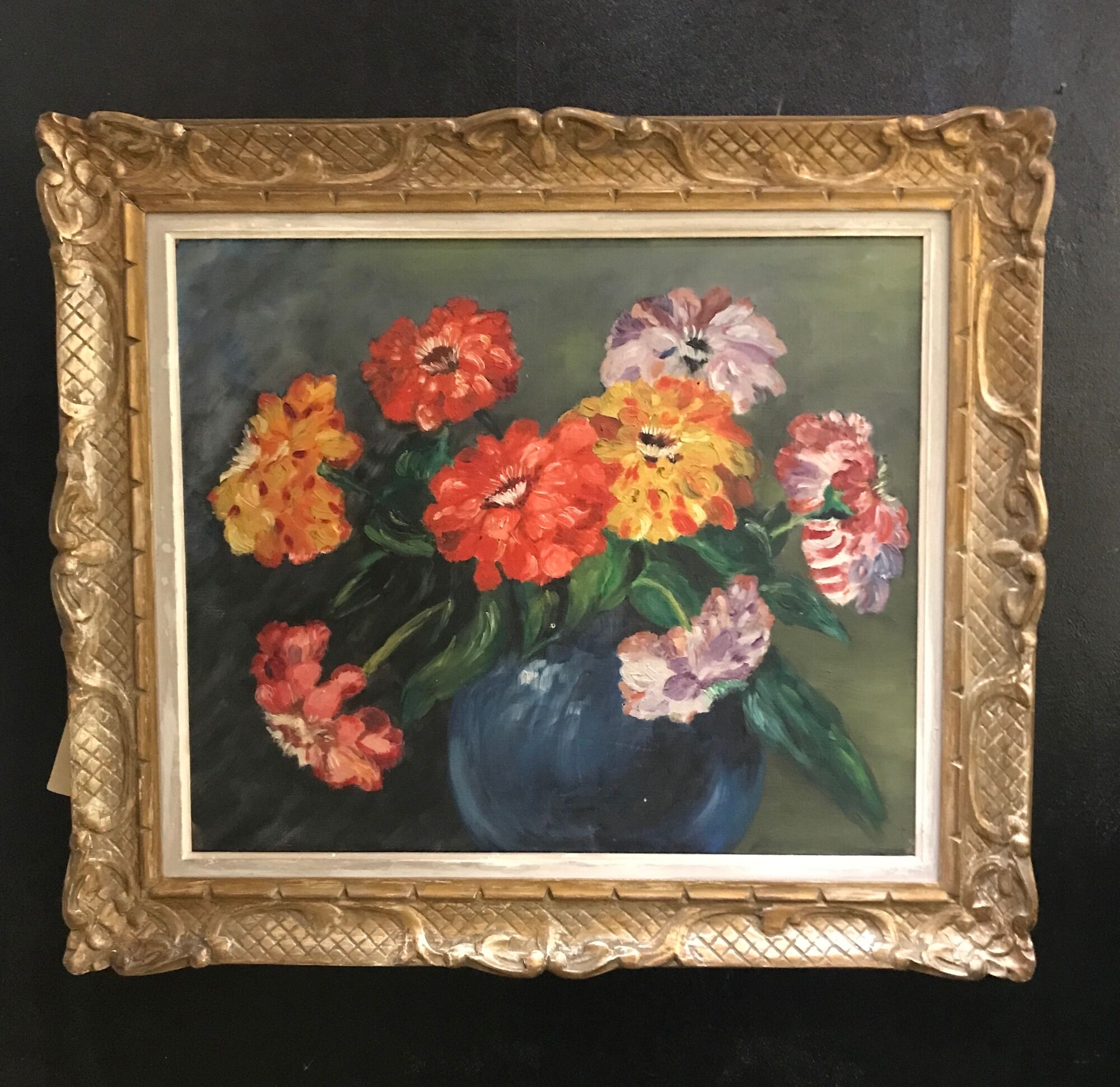 Huile ancienne sur toile bouquet de fleurs Zinnias