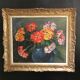 Huile ancienne sur toile bouquet de fleurs Zinnias