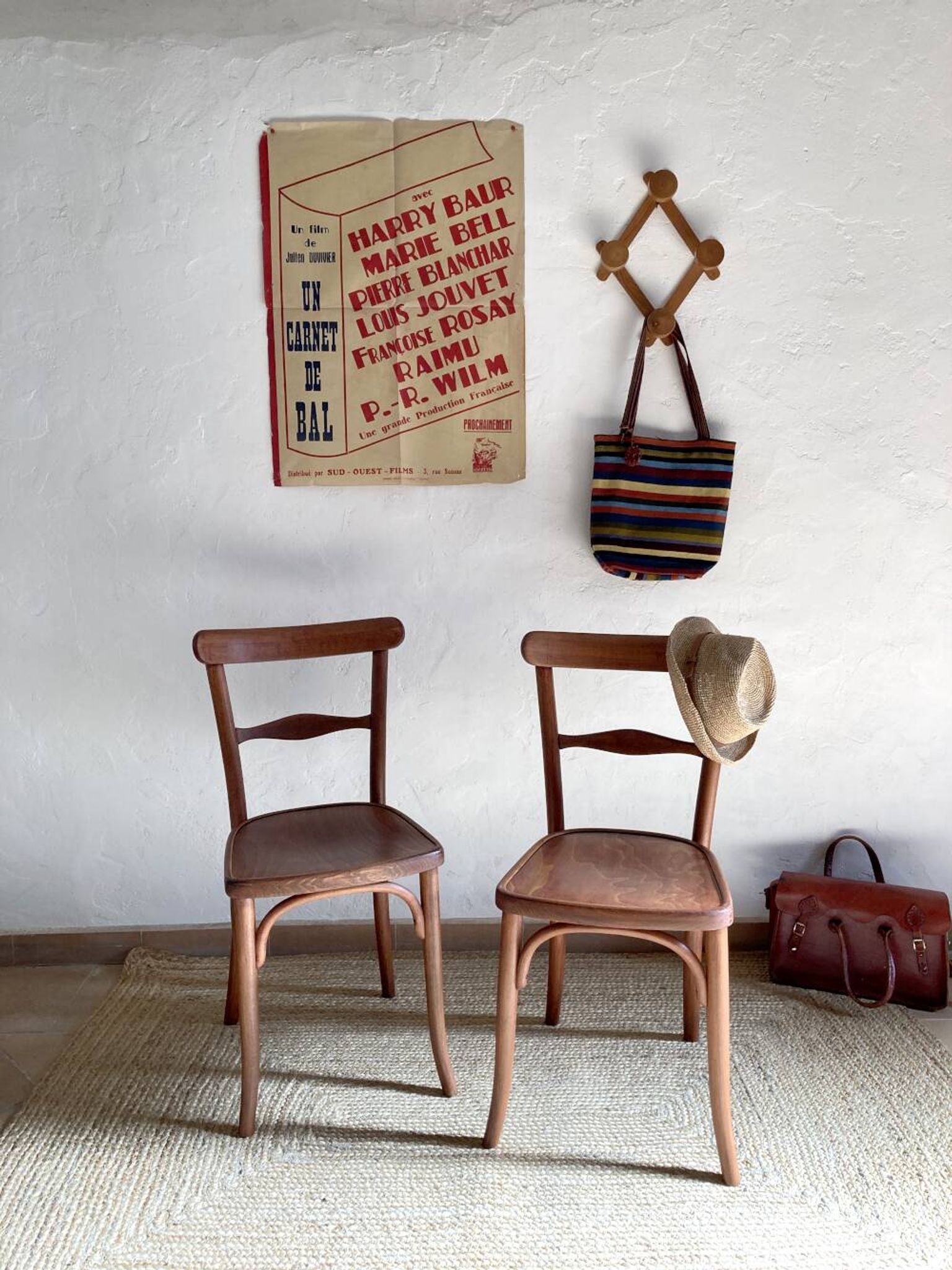 Pair of wooden bistro chairs signed Thonet, 1940s