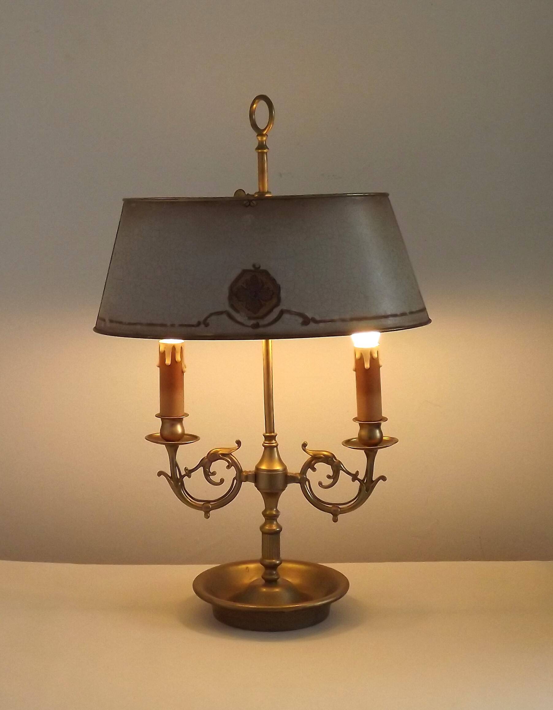 Lampe bouillotte à 2 lumières en laiton de l'Empire français, design floral peint à la main