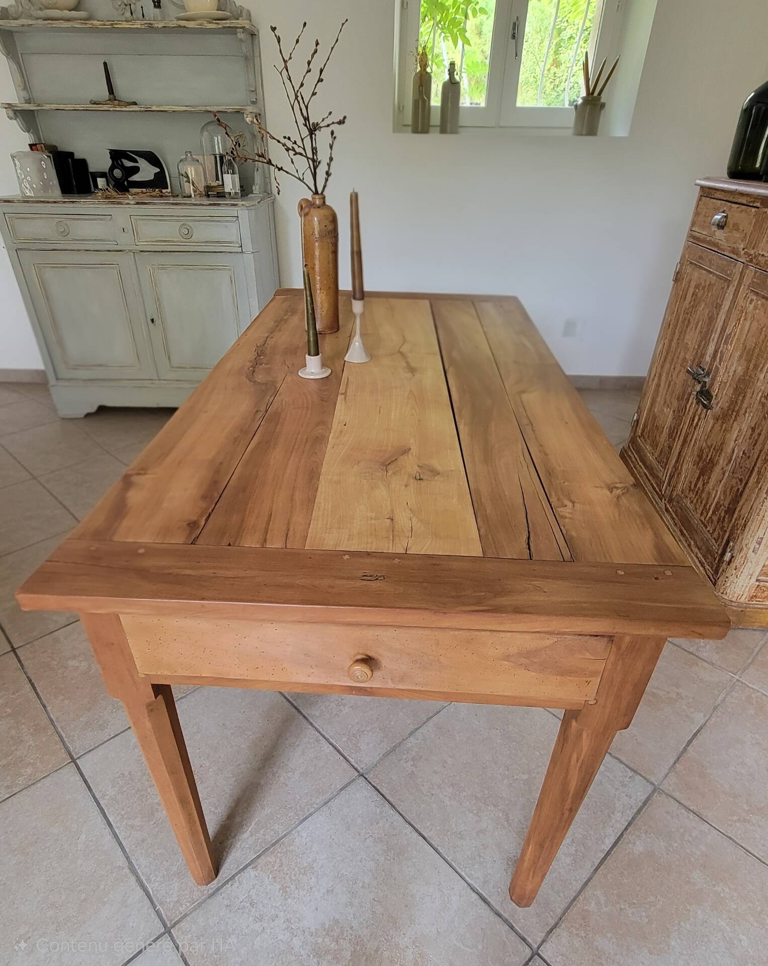Old farmhouse table made of solid walnut wood.