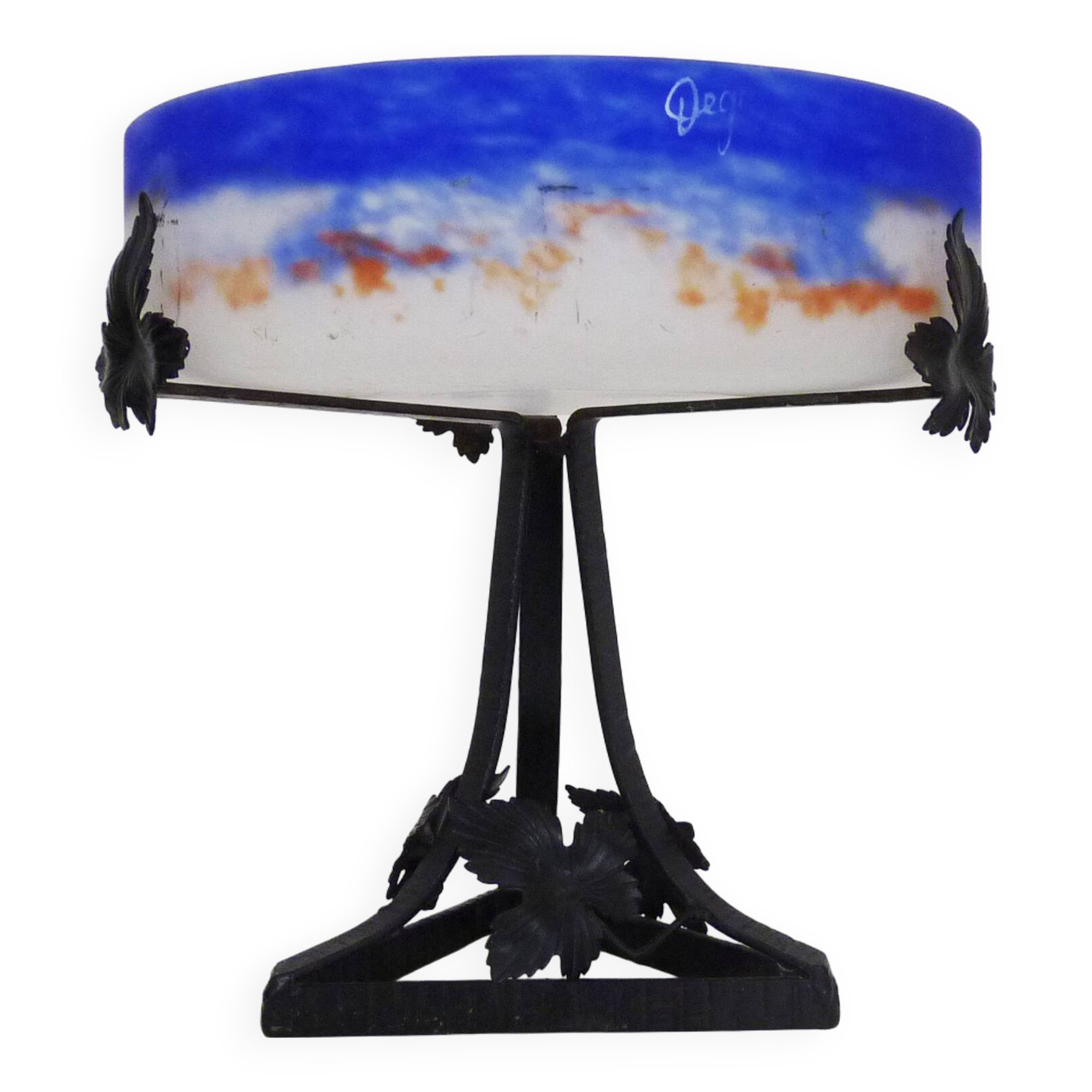 Degué Art Nouveau centerpiece in glass paste and wrought iron. 1920s