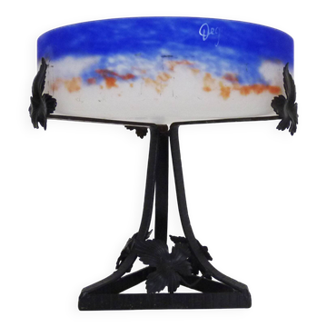 Centre de table Art Nouveau Degué en pâte de verre et fer forgé. Années 20