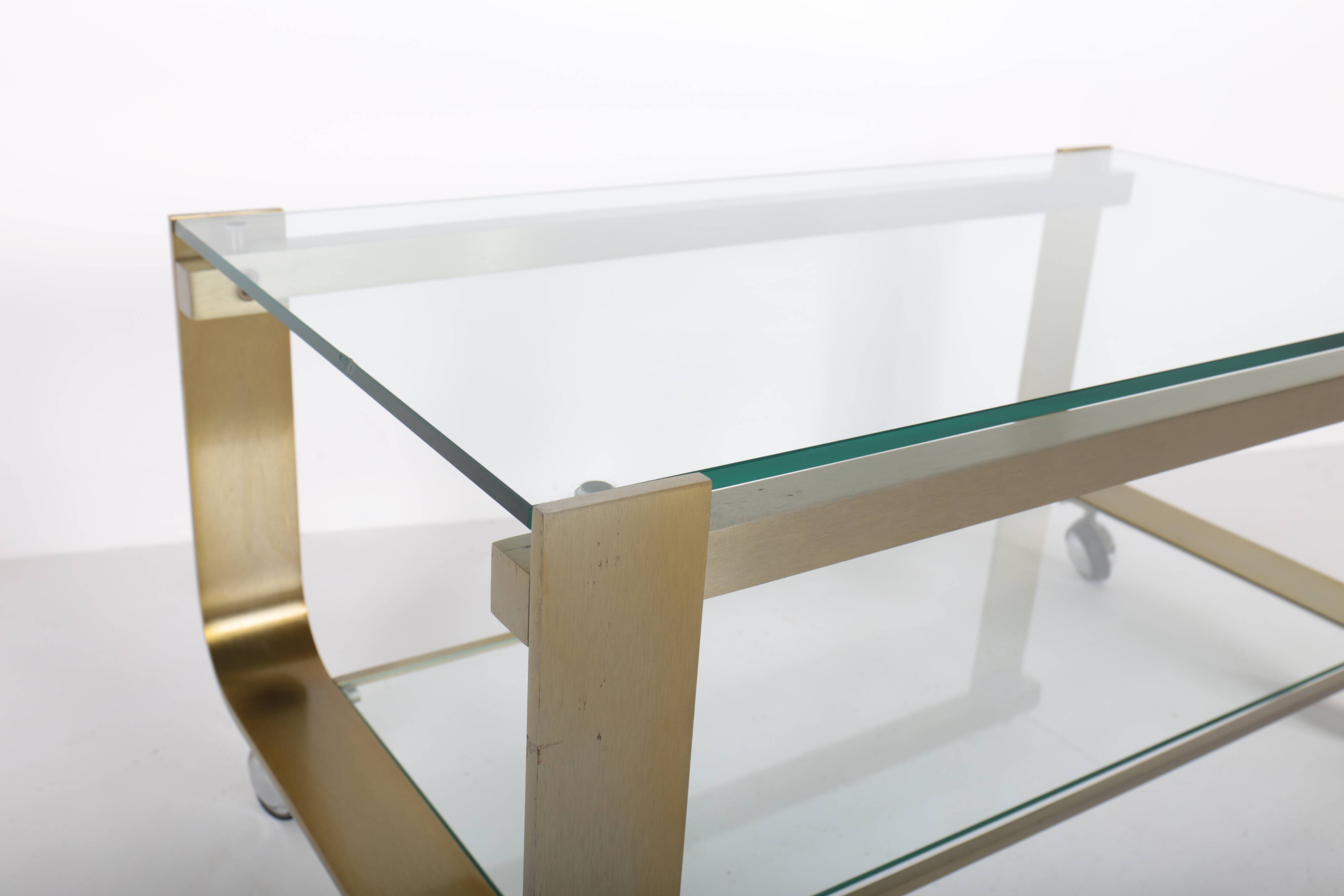 Vintage coffee table in gold metal and double glass top, 70s