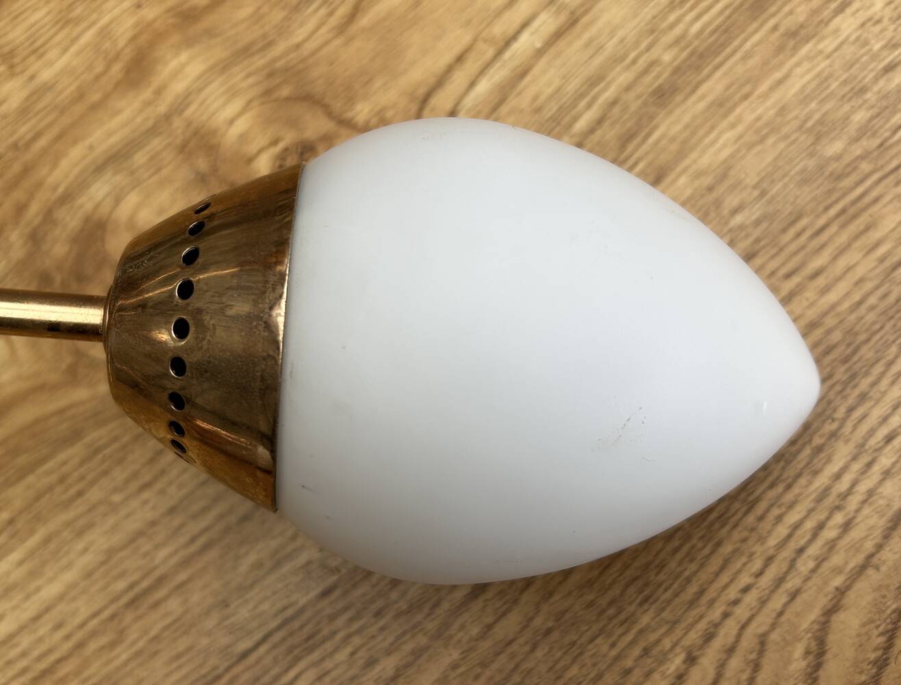 Four-light pendant lamp, brass and opaline glass, Maison Arlus, Paris, vintage 1970s