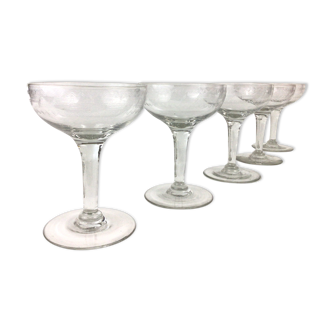 Set of 5 glass champagne glasses engraved XIXth