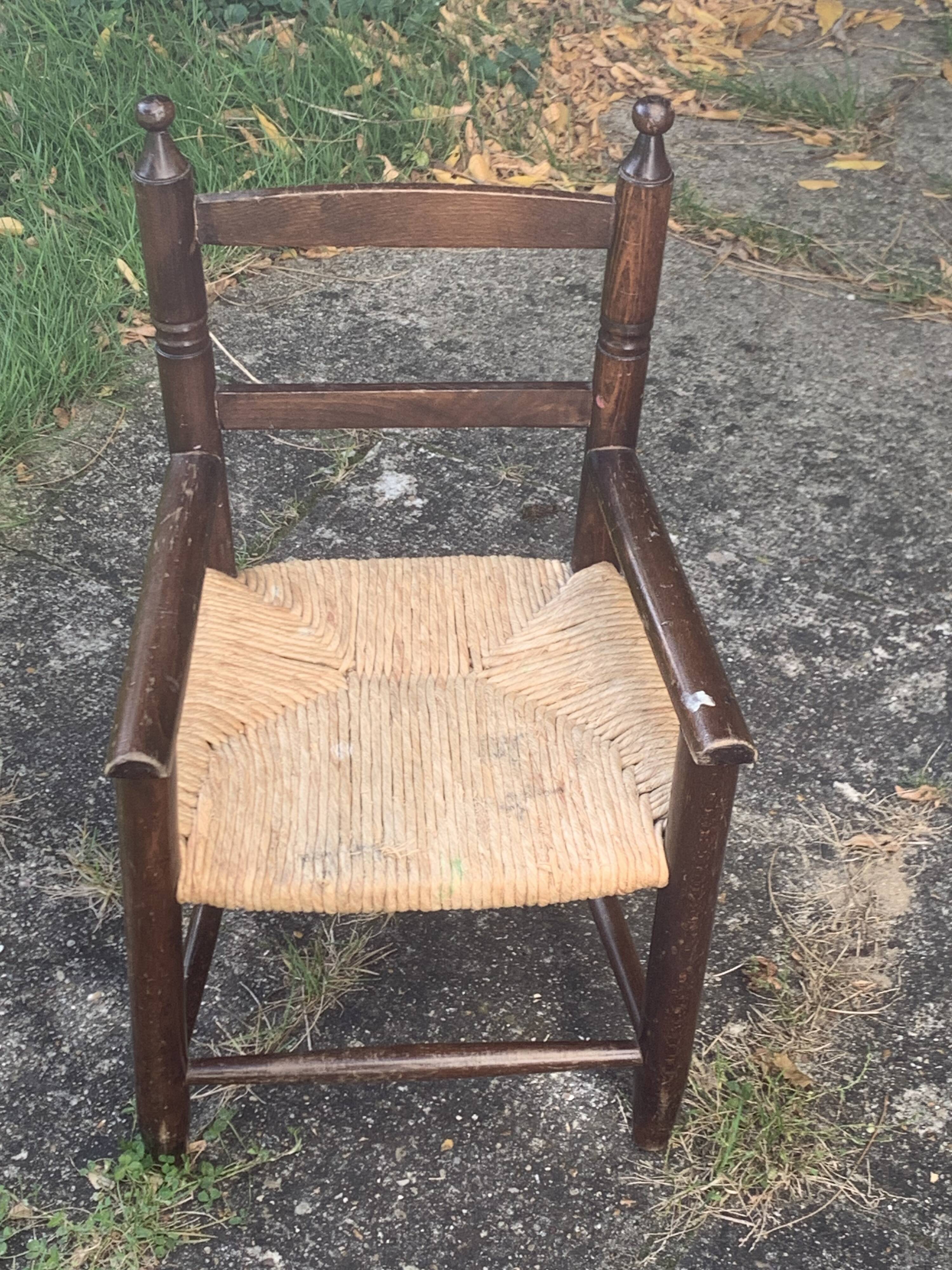 Small vintage wooden and straw children's chair