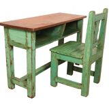 Antique Burmese teak school desk/chair set with original green patina