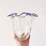 Blue-edged blown glass handkerchief vase