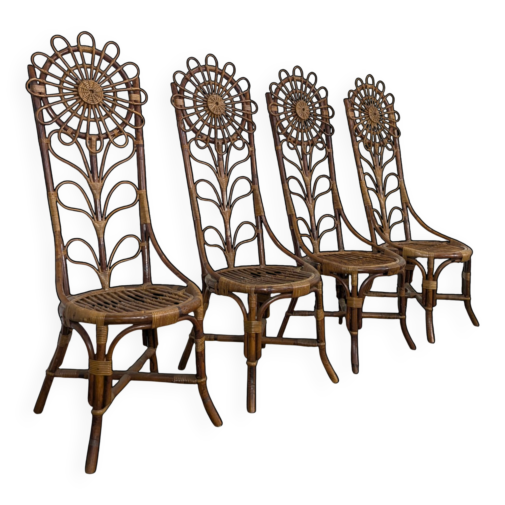 Set of 4 bamboo and rattan chairs with sunflower decoration.