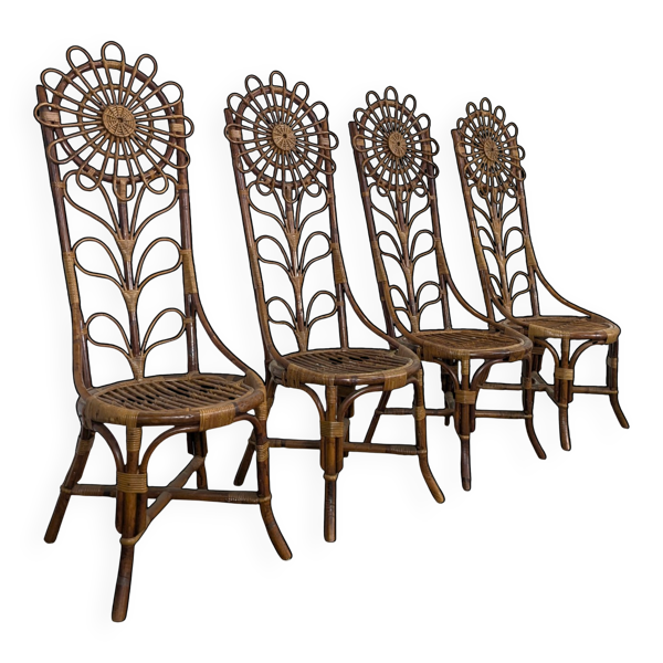 Série de 4 chaises en bambou et rotin à décor de tournesol