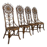Série de 4 chaises en bambou et rotin à décor de tournesol
