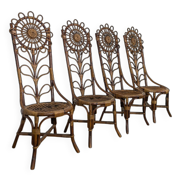 Série de 4 chaises en bambou et rotin à décor de tournesol
