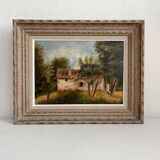 Old oil painting on cardboard landscape with house signed