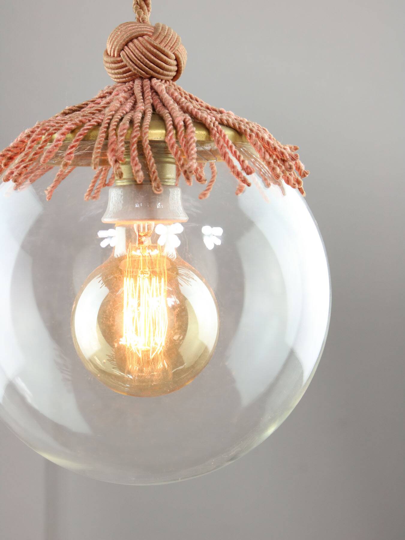 Art Deco Italian Pink Fabric and Brass Globe Pendant Lamp