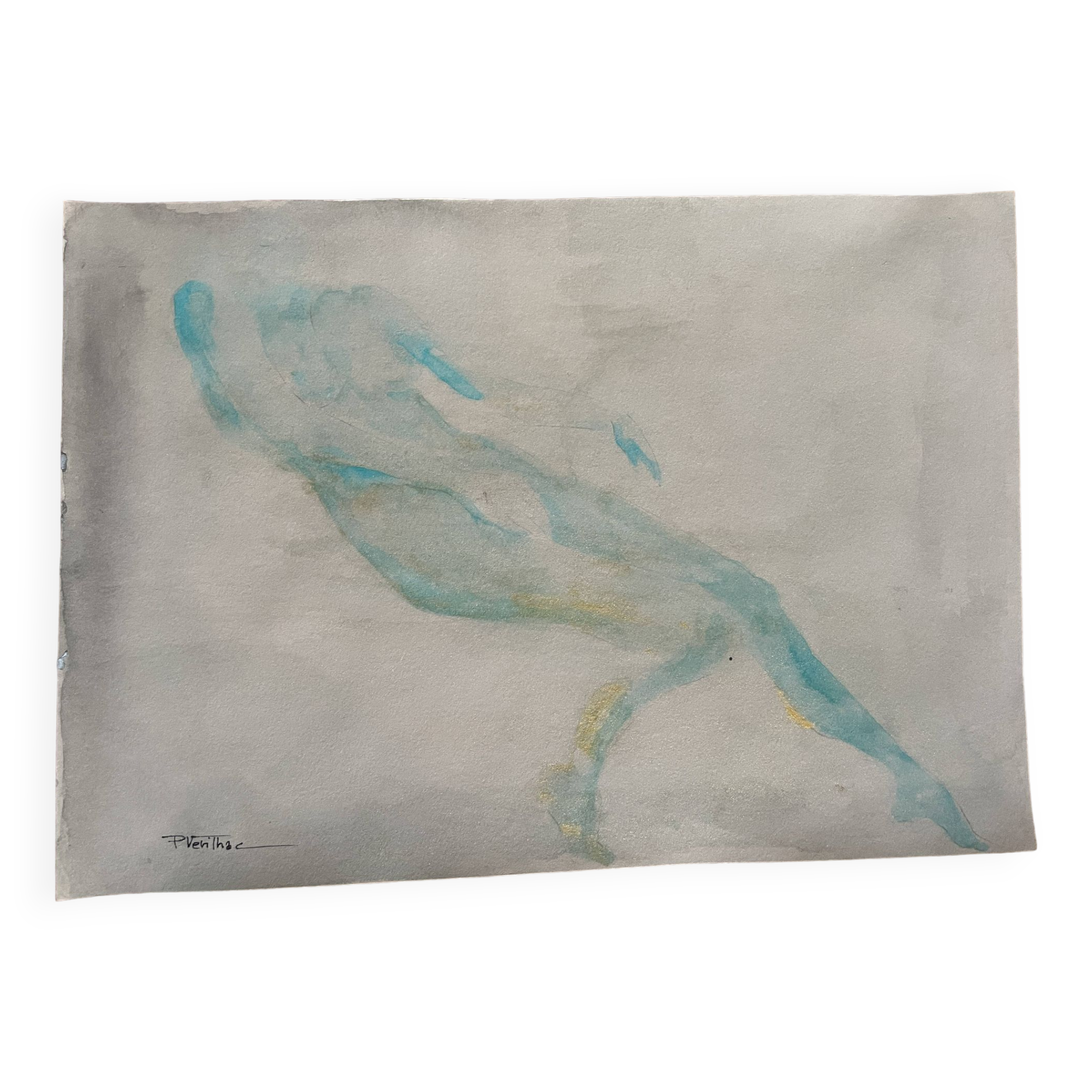 Tableau signé aquarelle monochrome « étude femme allongée »