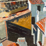 Castle in the rooftops, oil on wood panel, signed JA Dompierre.