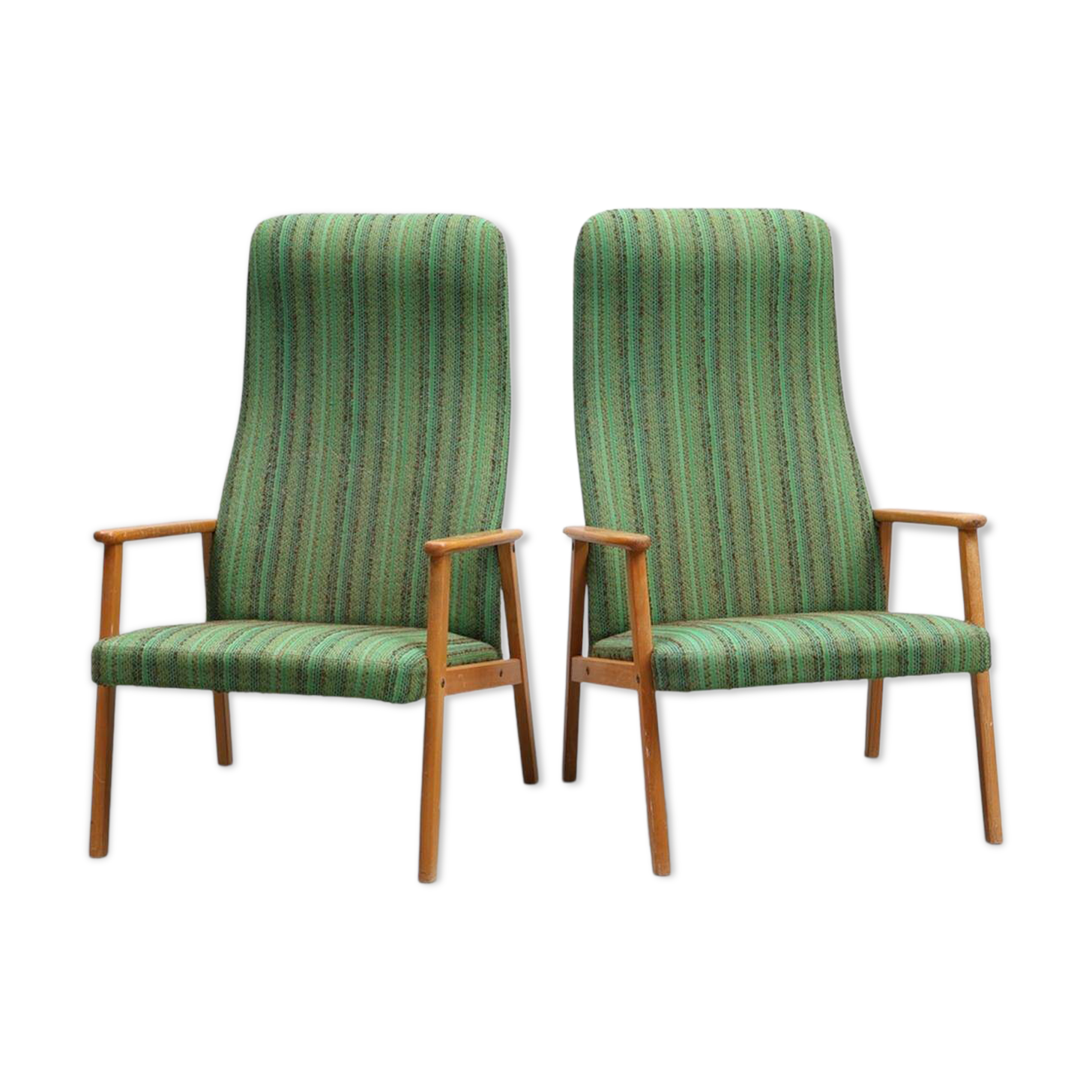 Paire de fauteuils à dossier haut scandinaves en hêtre et tissu vert, années 1950