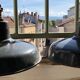 Pair of workshop pendant lights in grey/white enamelled sheet metal