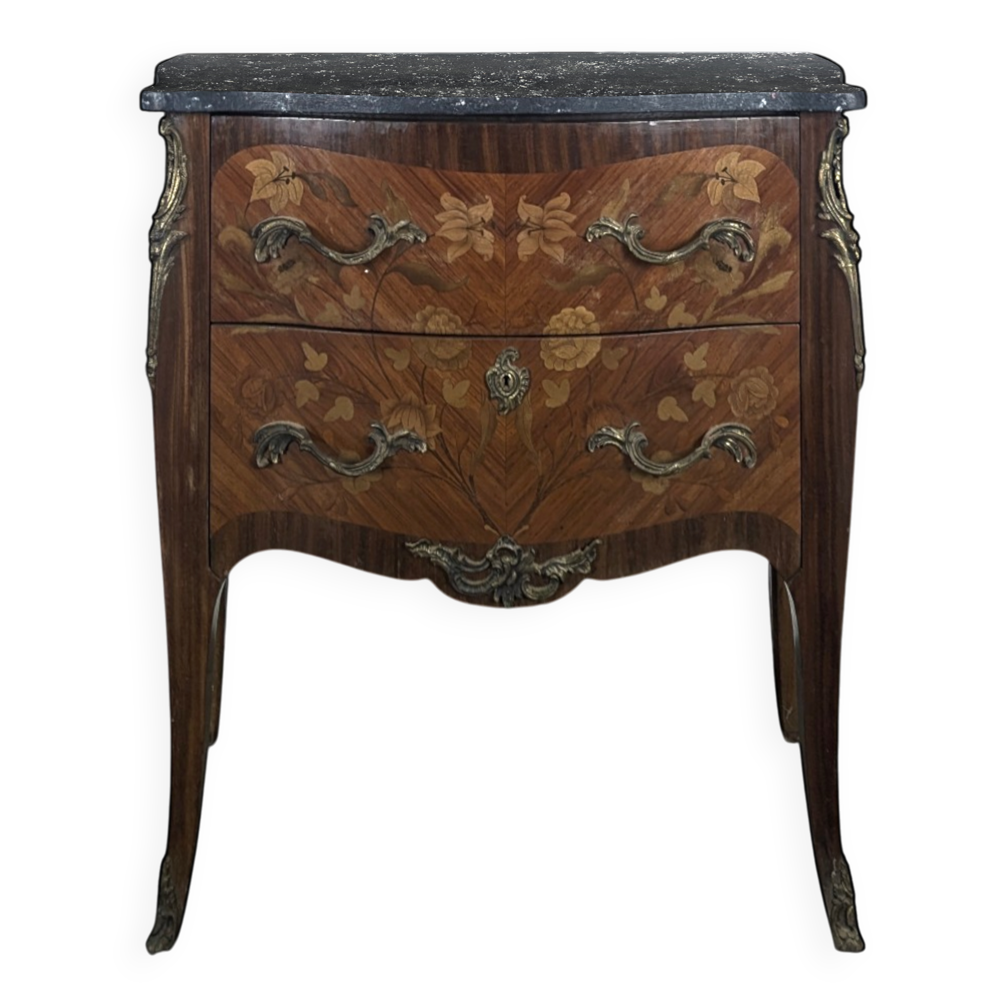 Commode galbée de style Louis XV en marqueterie florale dessus marbre noir
