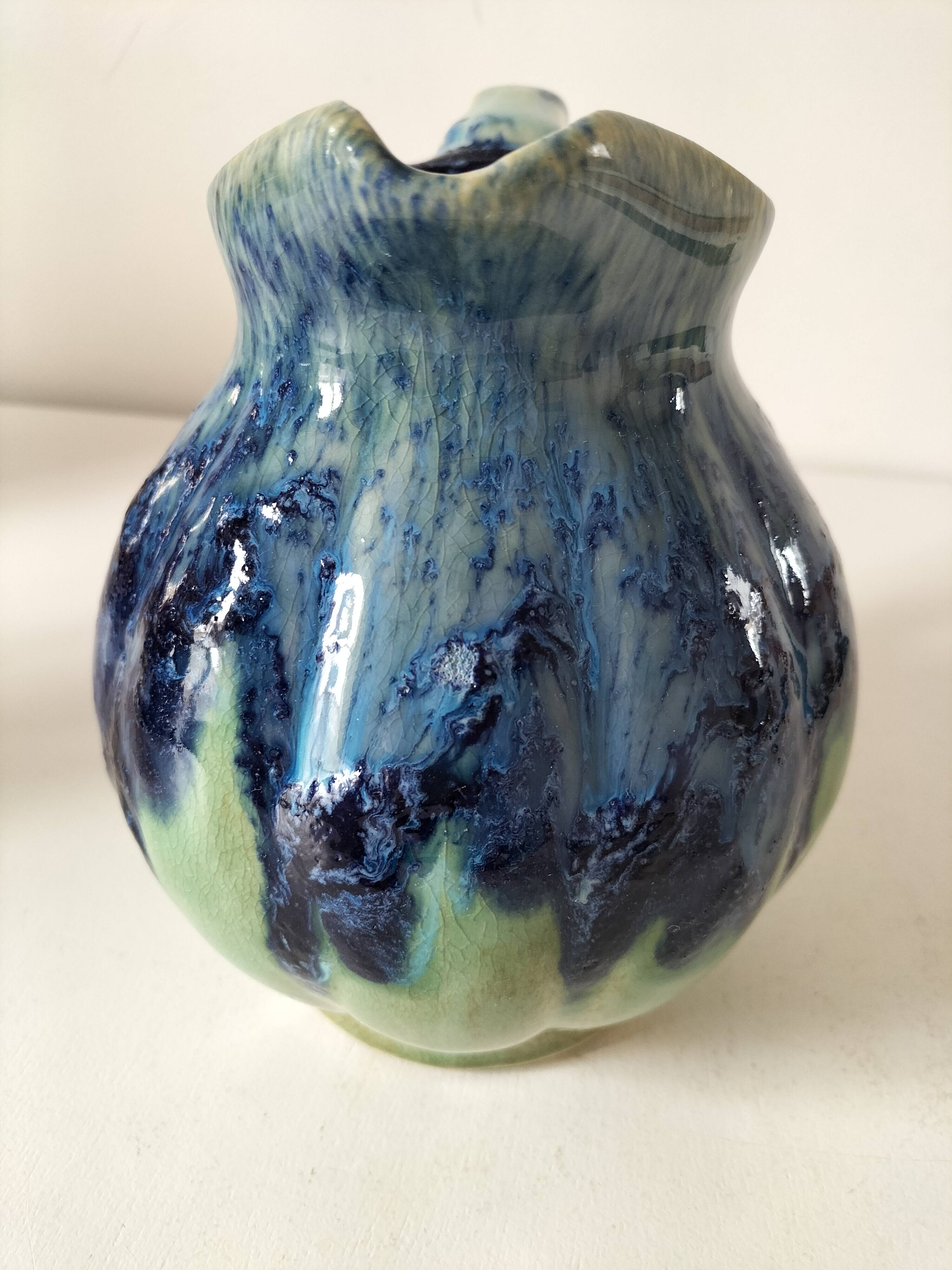 Pichet vernissé bleu et vert, vintage années 1970