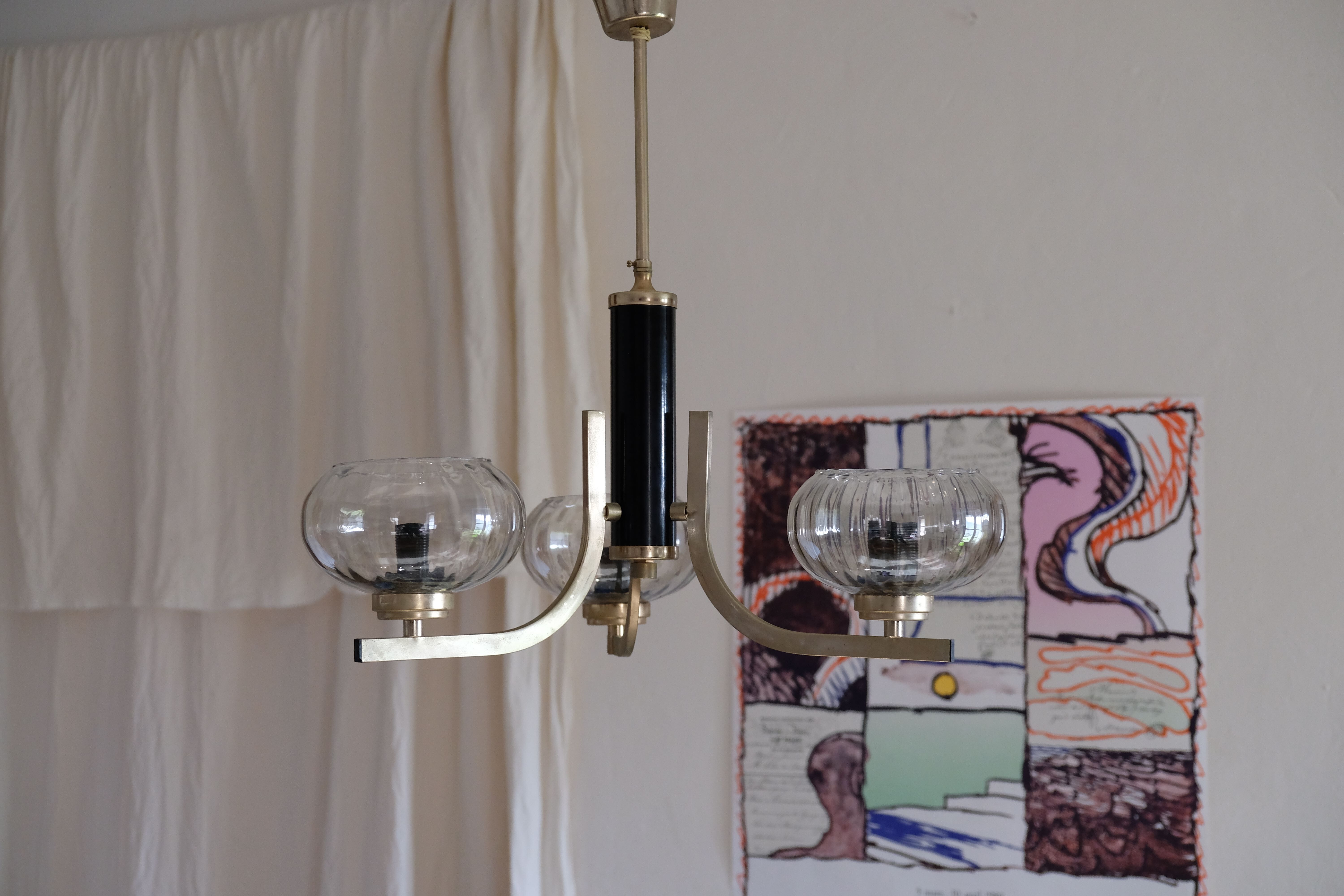 Smoky glass, brass and steel ceiling light