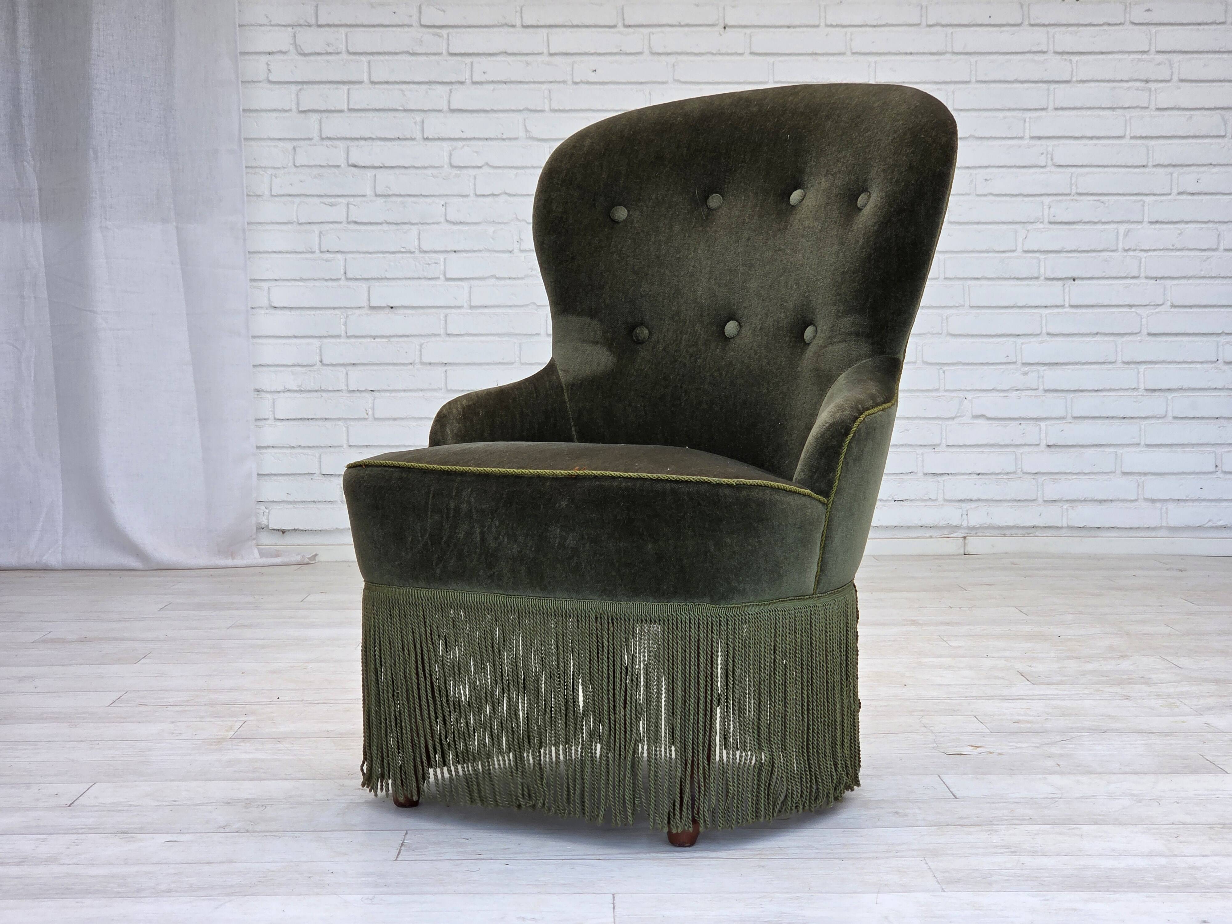 1970s, Danish side chair, green furniture velour, beech wood legs.