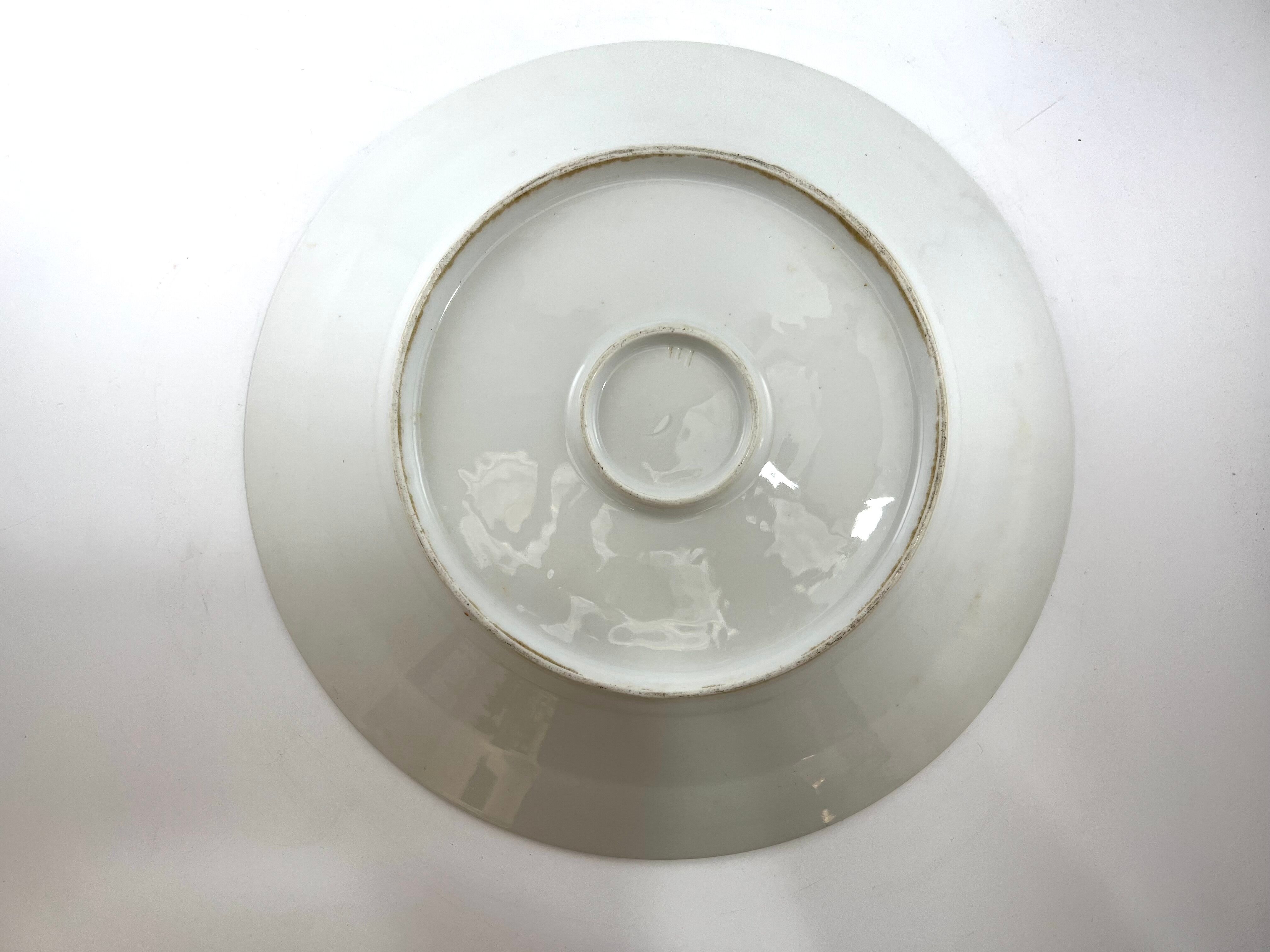 Round dish white monogrammed with blue border 34cm