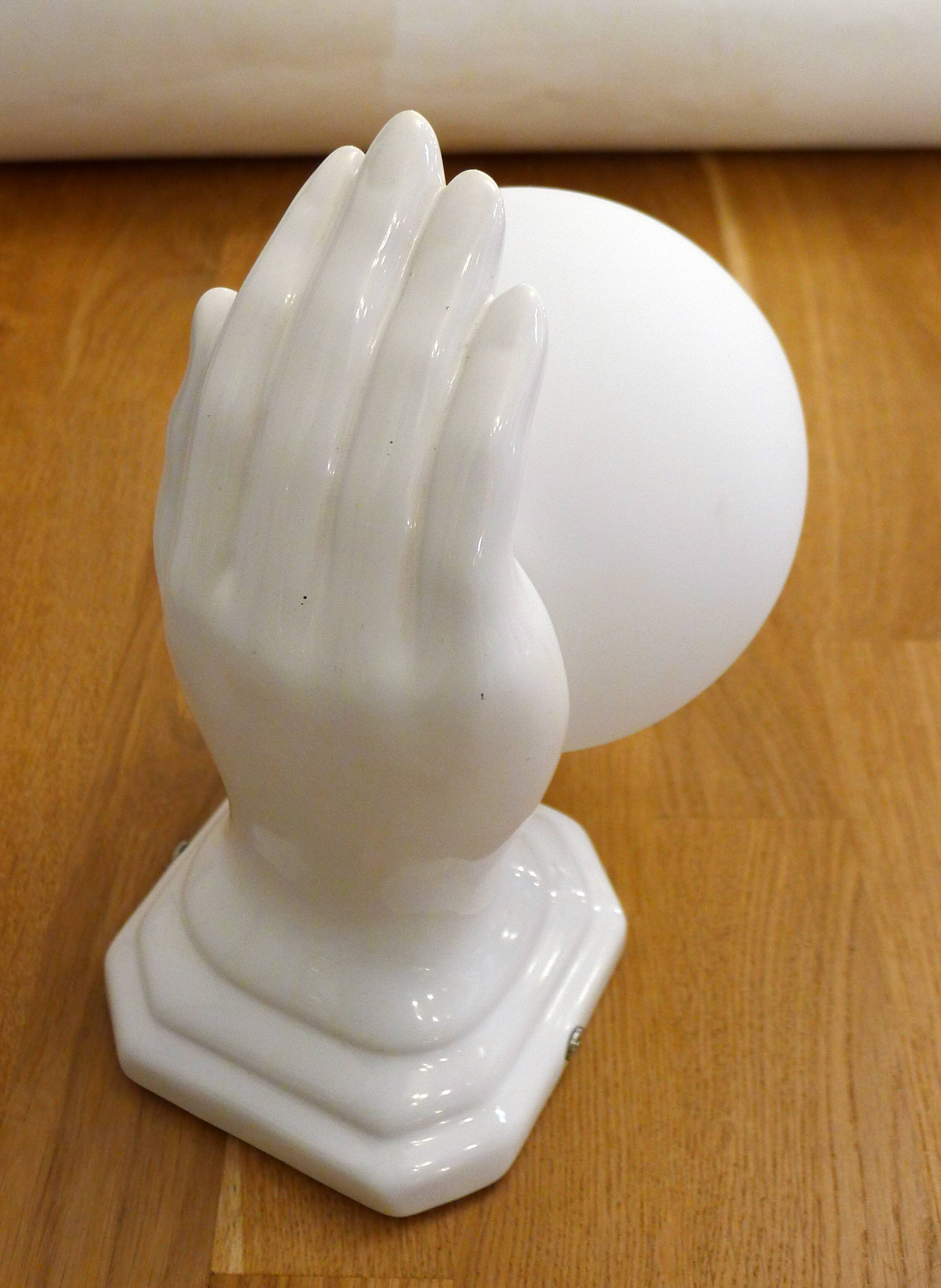 Vintage wall lamp with outstretched hand & opaline globe