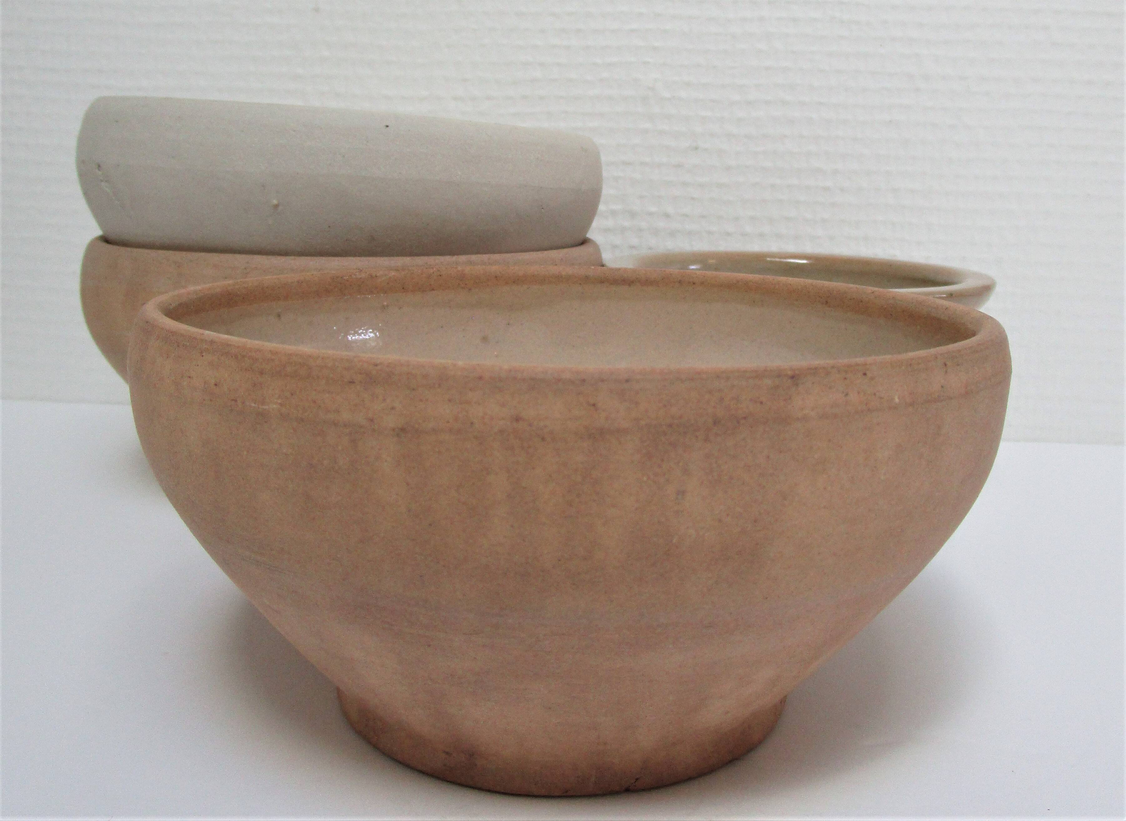 Three XL bowls and old stoneware dish