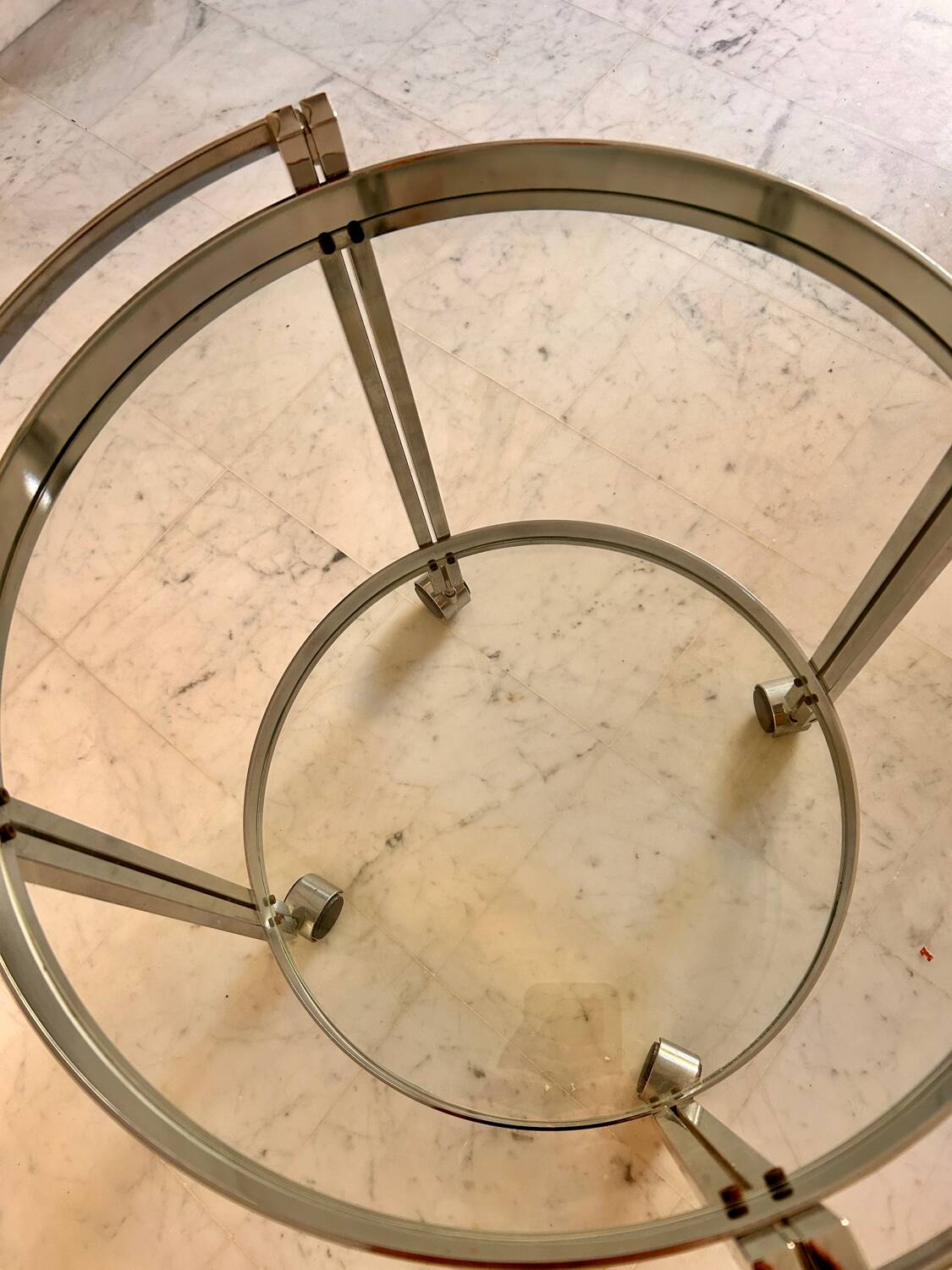 Vintage round dessert trolley in chrome steel, with two glass shelves.