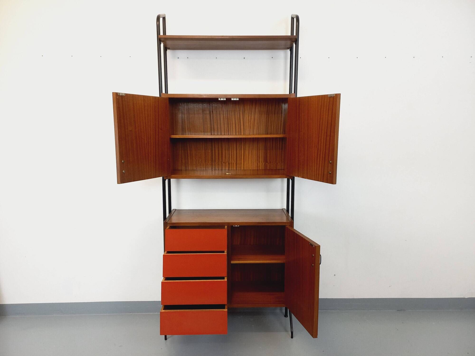 Vintage Italian modular bookcase in teak, metal and melamine