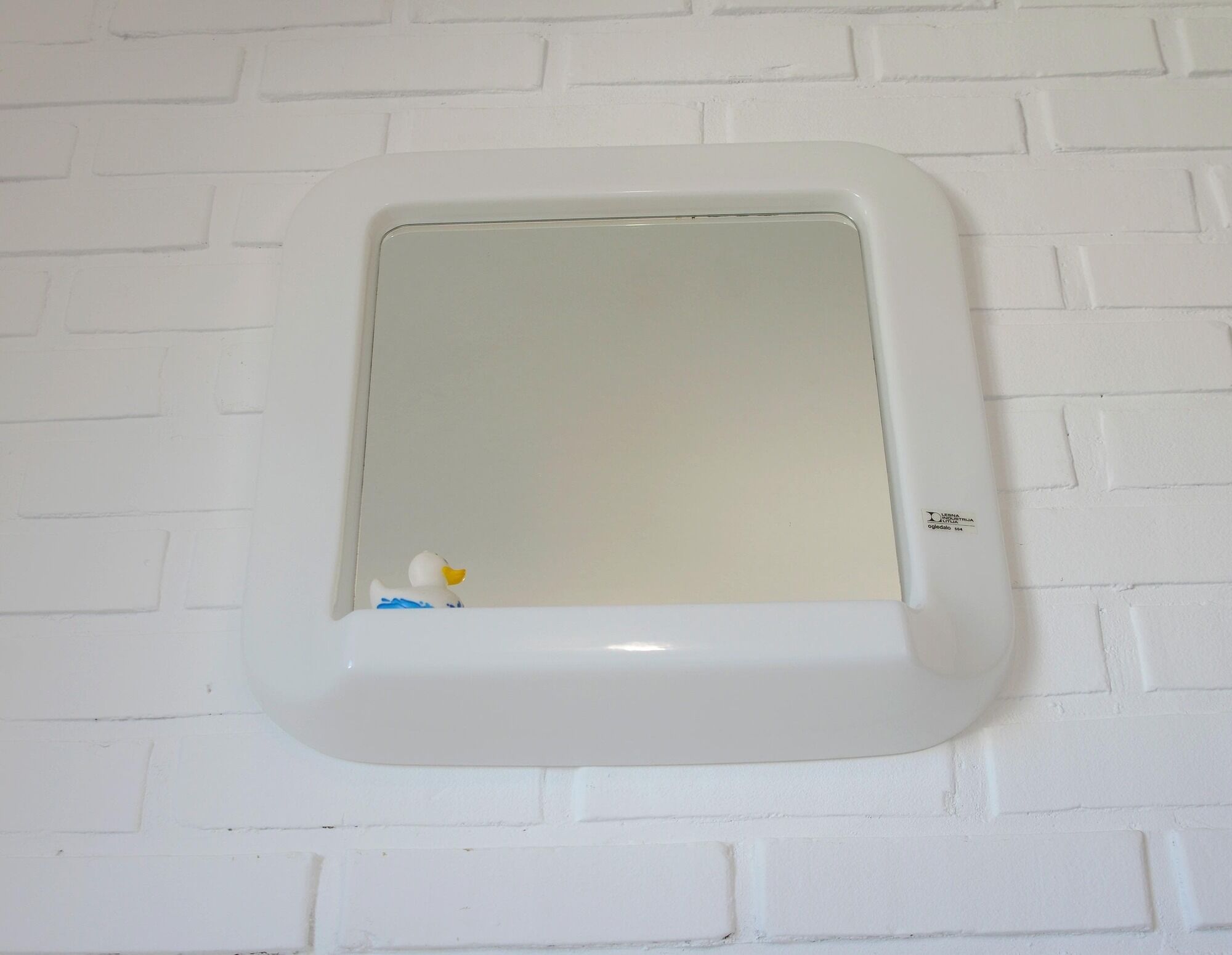 Square Wall Mirror With Shelf / Vintage White Plastic Space Age 1970
