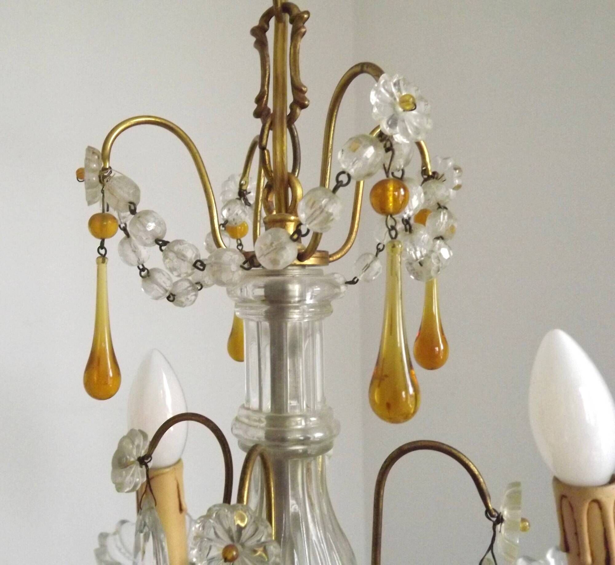 Vintage 4-Light Bronze, Glass & Crystal Chandelier with Amber Glass Drops