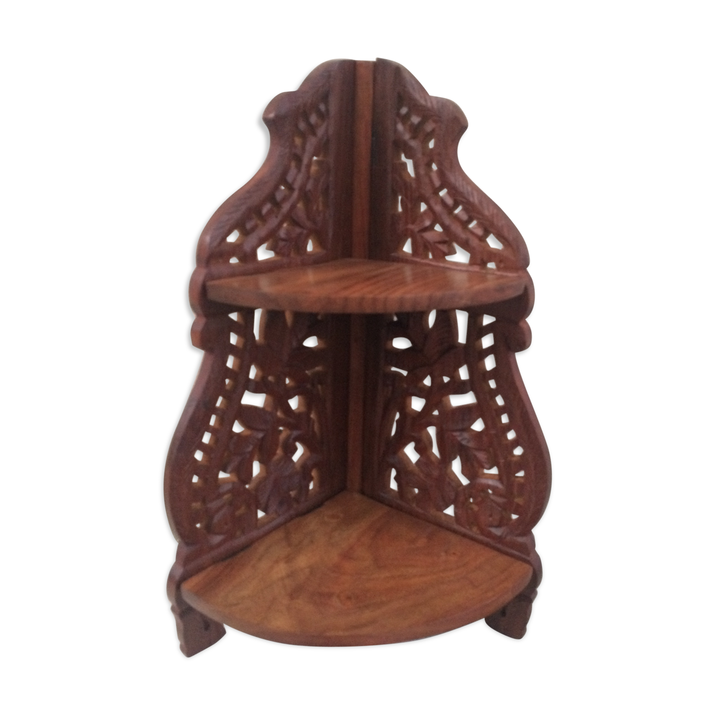 Folding corner shelf wooden crafted with sculpted flowers