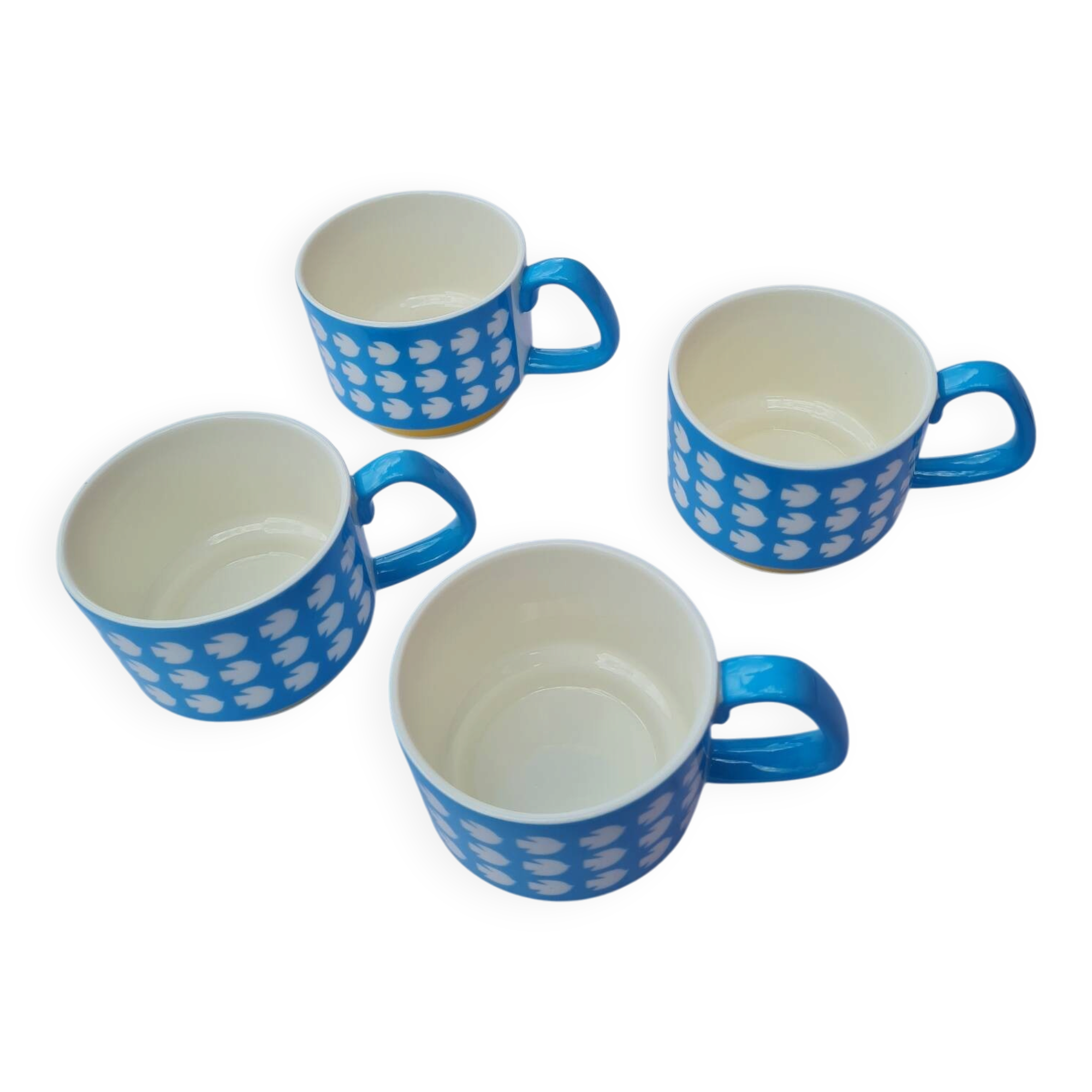 Set of 4 large ceramic mugs with a bird pattern - retro style